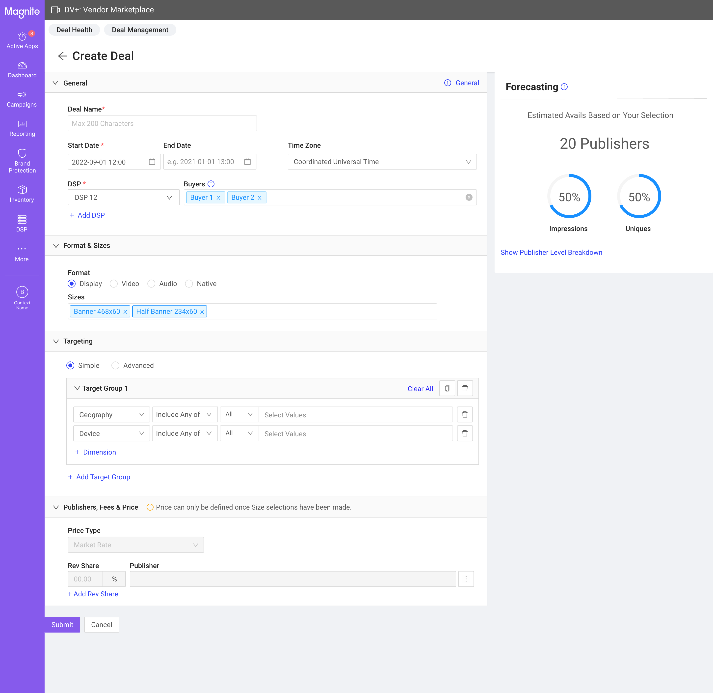 Create Deal — single-page form with collapsible sections and persistent Forecasting panel