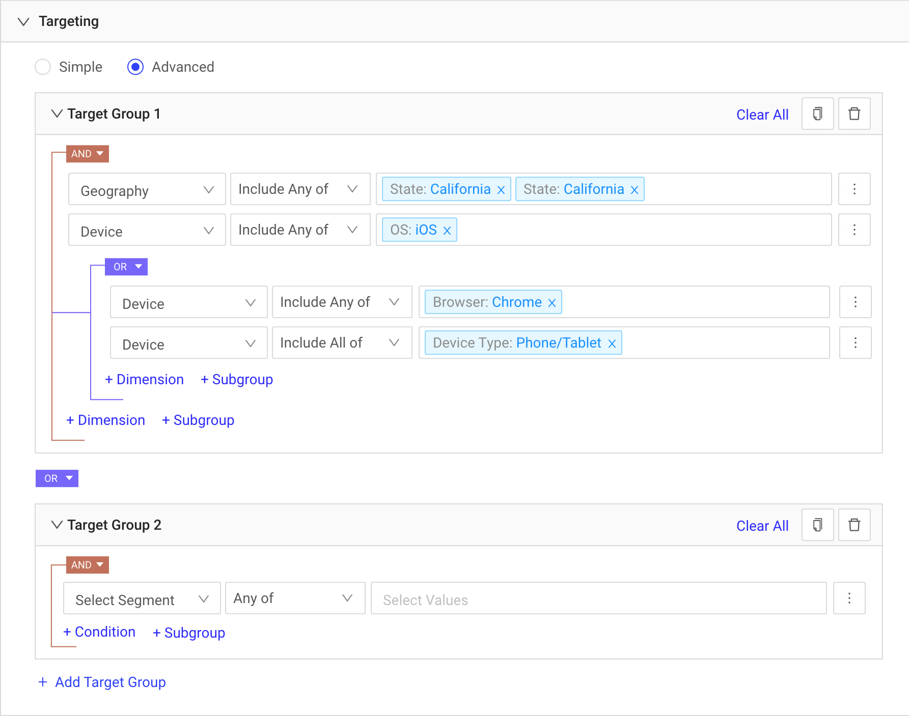Deal Details showing AND/OR targeting tree with nested DMP segment and geography conditions