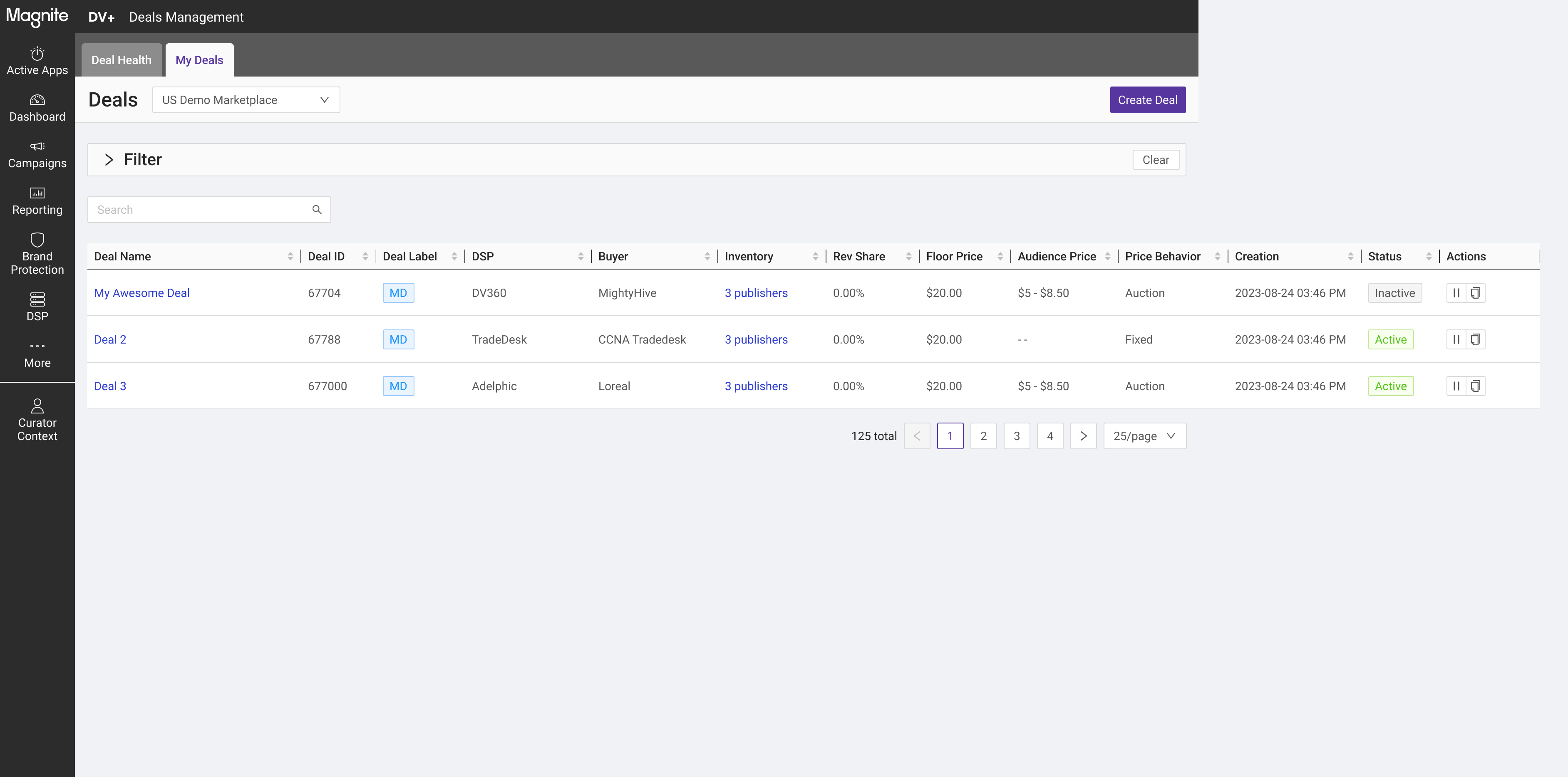 Deals Listing — filterable table with status badges, deal types, and action controls