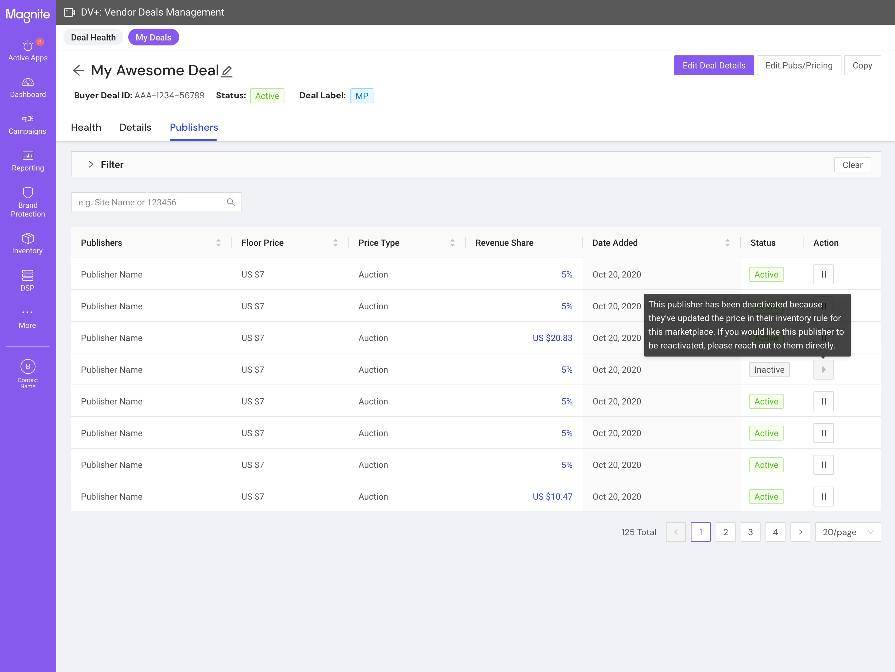 Final Deal Details page showing full deal view with Health, Details, and Publishers tabs